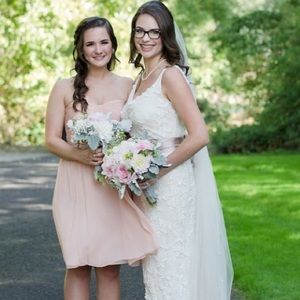 J. Crew blush bridesmaid dress.
